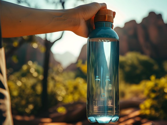 person holding water bottle in nature.