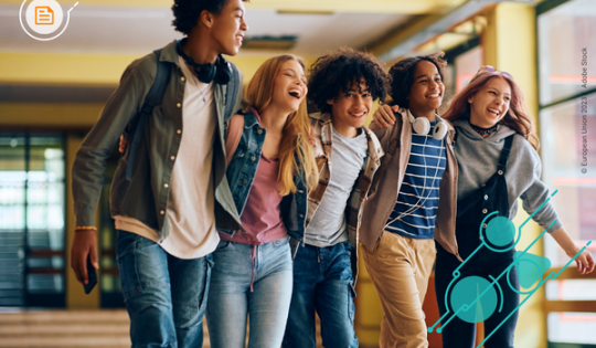 group of high school students walking together and smiling