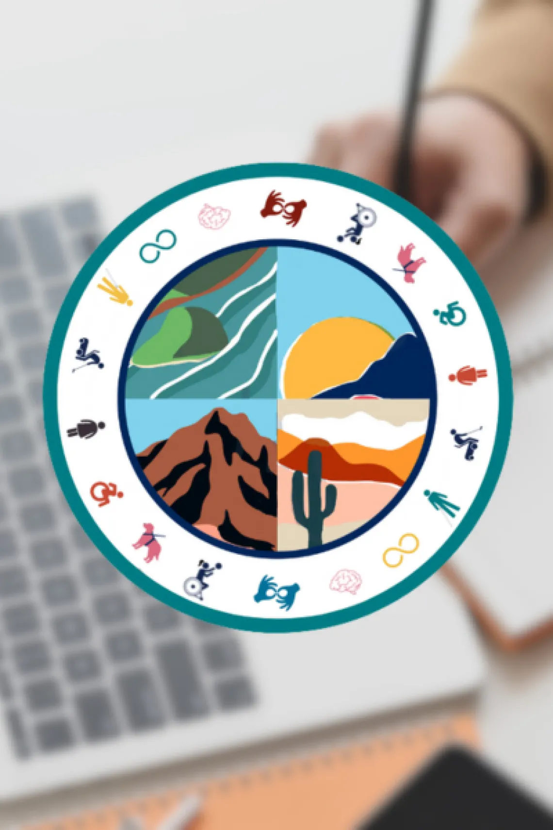 Circle of Indigenous Empowerment logo showing a circle with four quadrants each with illustrations of Arizona terrain, surrounded by icons representing disability. Blurry background showing laptop and a person's hand writing notes with a pencil.