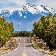 a view of the snow capped San Francisco Peaks in Flagstaff