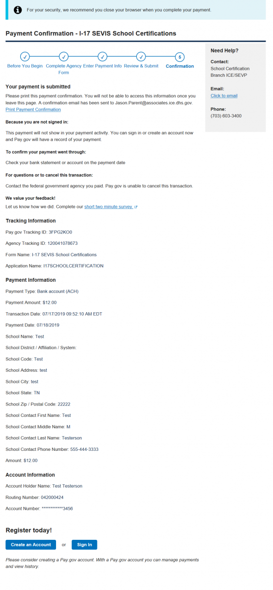 Payment Confirmation - I-17 SEVIS School Certifications page is displayed.