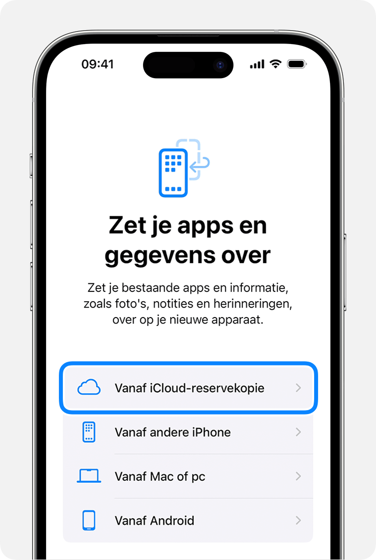 Een iPhone met de optie 'Vanaf iCloud-reservekopie' geselecteerd