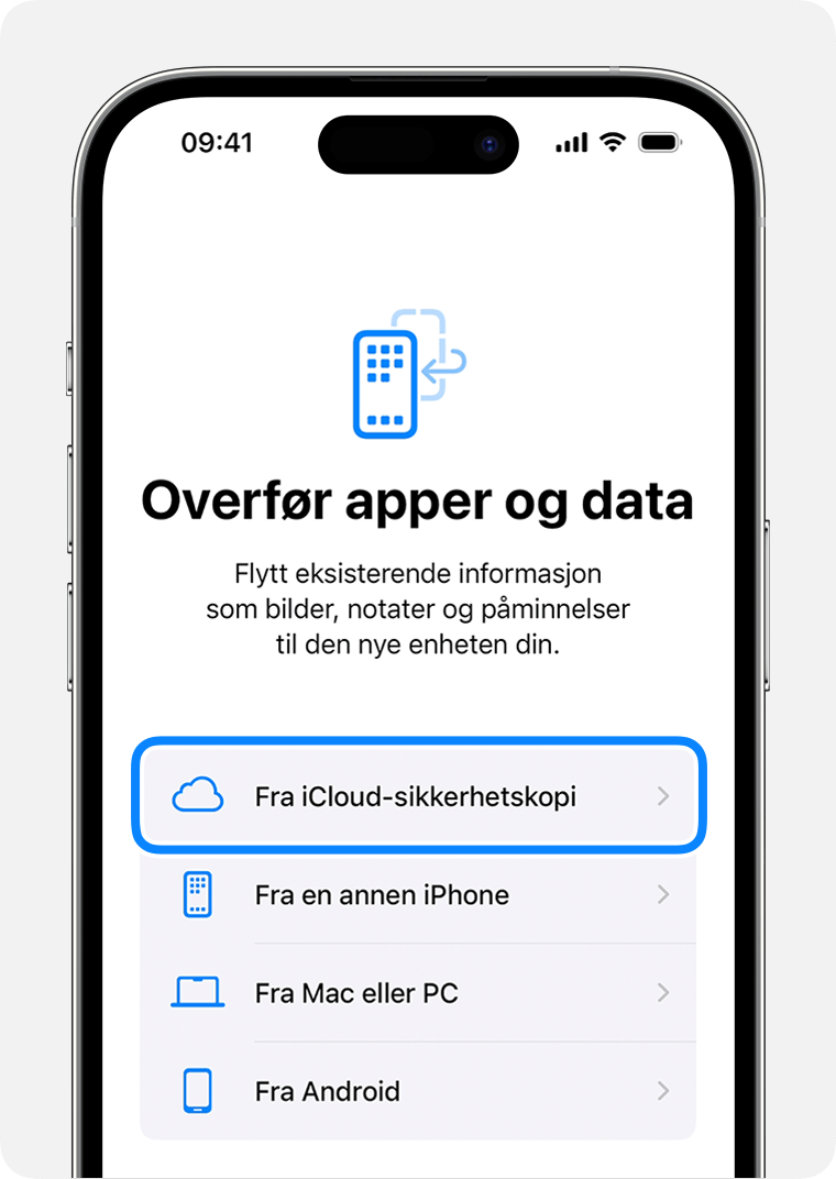 En iPhone som viser Fra iCloud-sikkerhetskopi som valgt alternativ