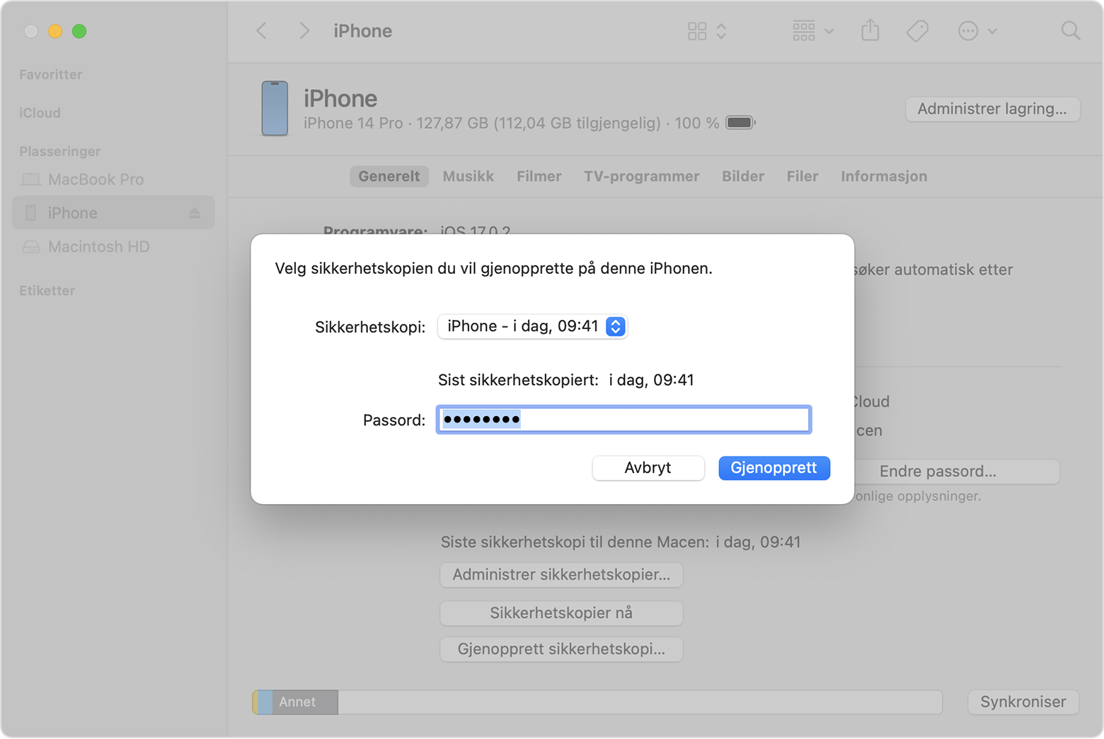 Et Finder-vindu som viser en melding som ber deg om å velge en sikkerhetskopi og skrive inn passordet
