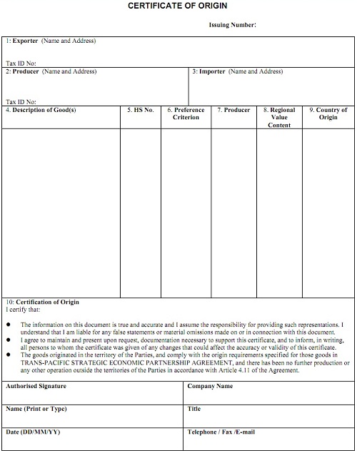 TRANS-PACIFIC STRATEGIC ECONOMIC PARTNERSHIP AGREEMENT - CERTIFICATE OF ORIGIN