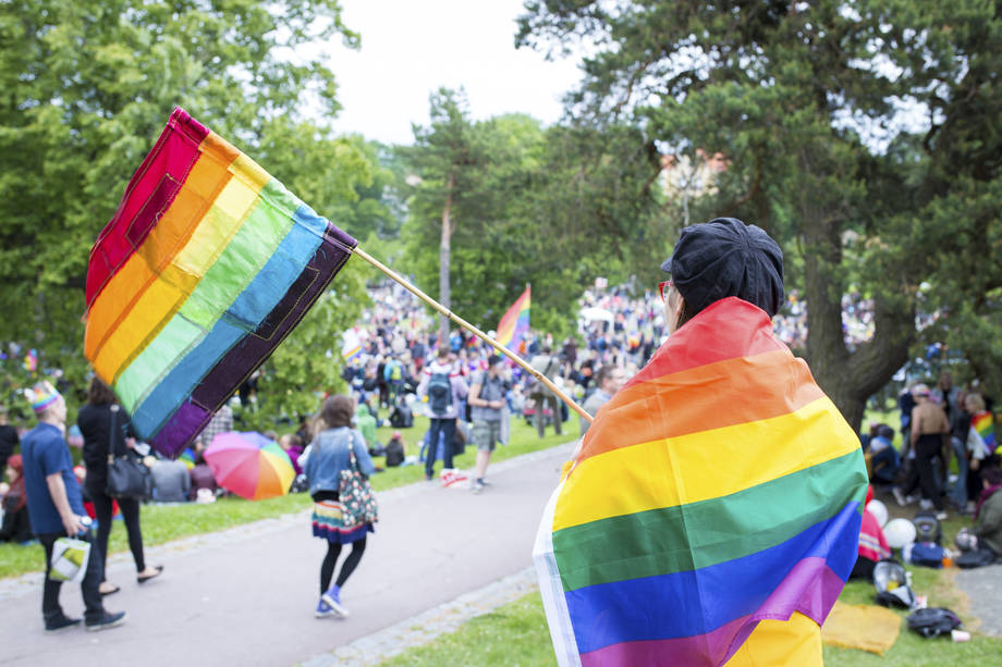 Sateenkaarilippuun pukeutunut henkilö seisoo Pride-tapahtumassa selkä kameraan päin.