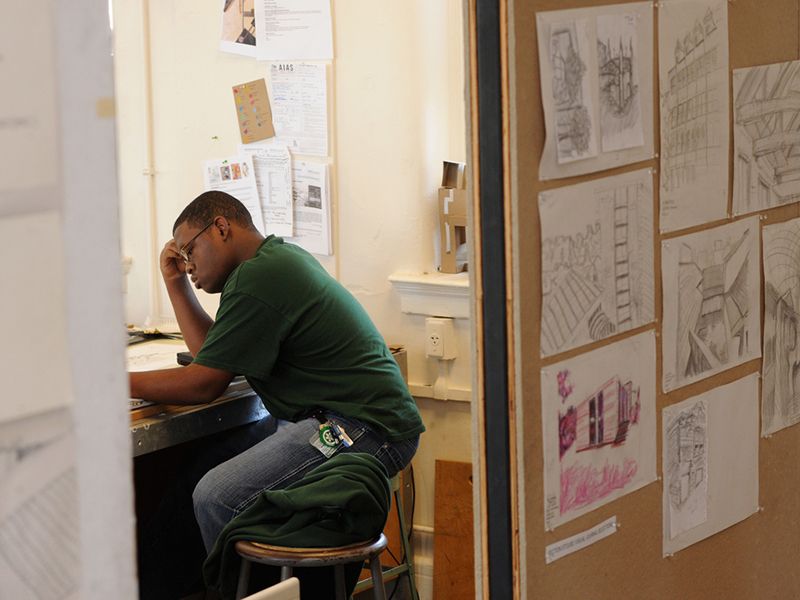 Student studying in classroom