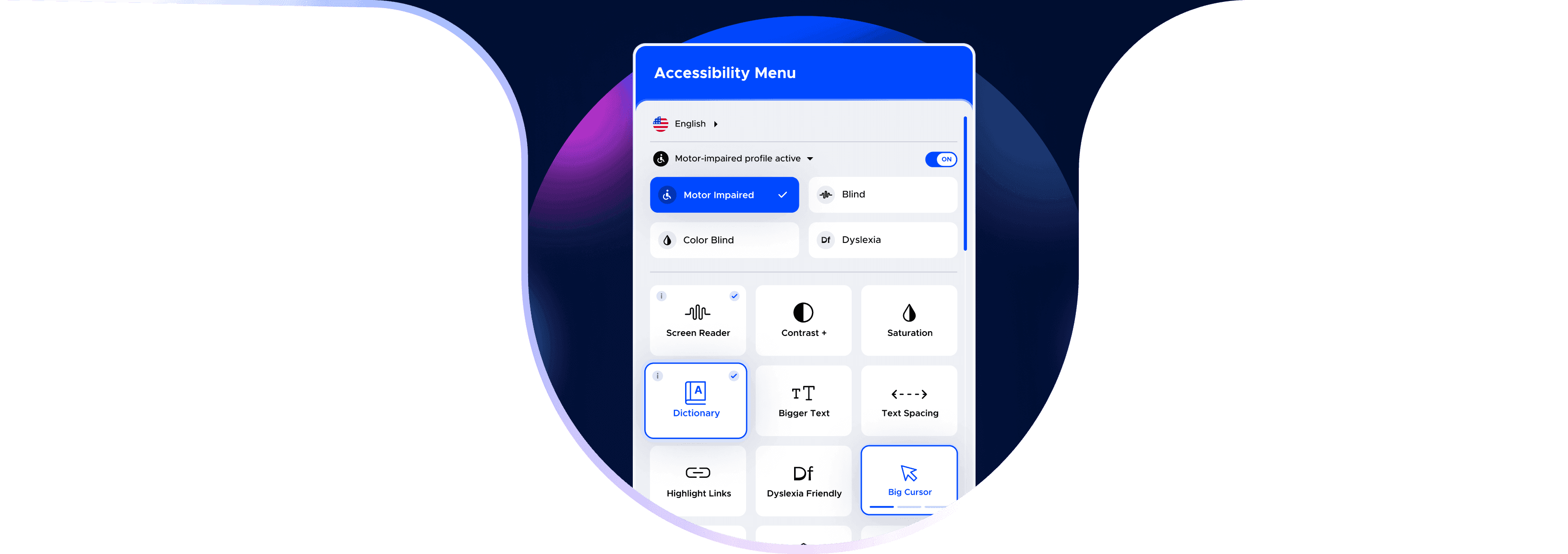 Accessibility menu showing the various functions of UserWay's Accessibility Widget and disability-specific profile.