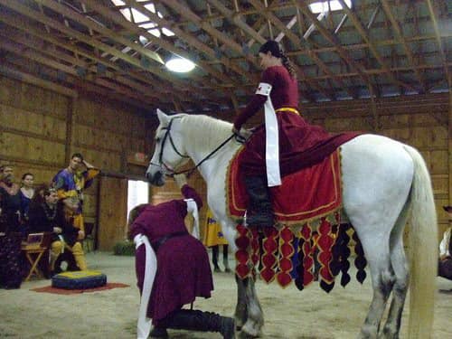 "Alanna wearing a red dress on a gray horse, being led by a person in red bowing to the royals"