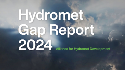 Cover of the Hydromet Gap Report 2024 by the Alliance for Hydromet Development, featuring a cloudy sky with a beam of sunlight breaking through.