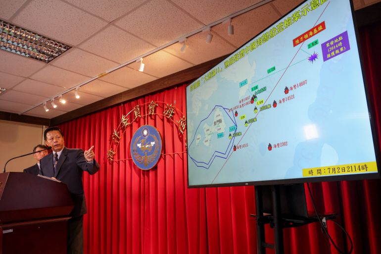 Deputy Director General of Taiwan's Coast Guard Administration Ching-Chin Hsieh explains the case of a Taiwanese fishing boat was seized by China's coast guard, during a news conference at Taiwan's Coast Guard Administration in Taipei on July 3, 2024.