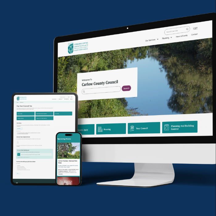 Carlow County Council's website is fully responsive as shown in desktop, tablet and mobile views of the website.