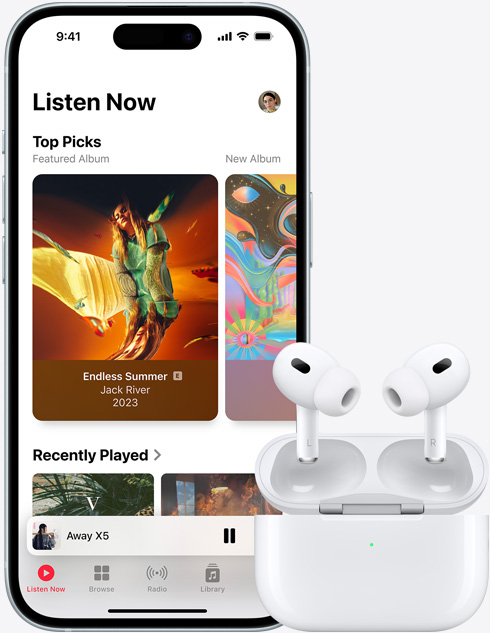 An image of iPhone 15 playing a track through Apple Music, sits next to a pair of AirPods.