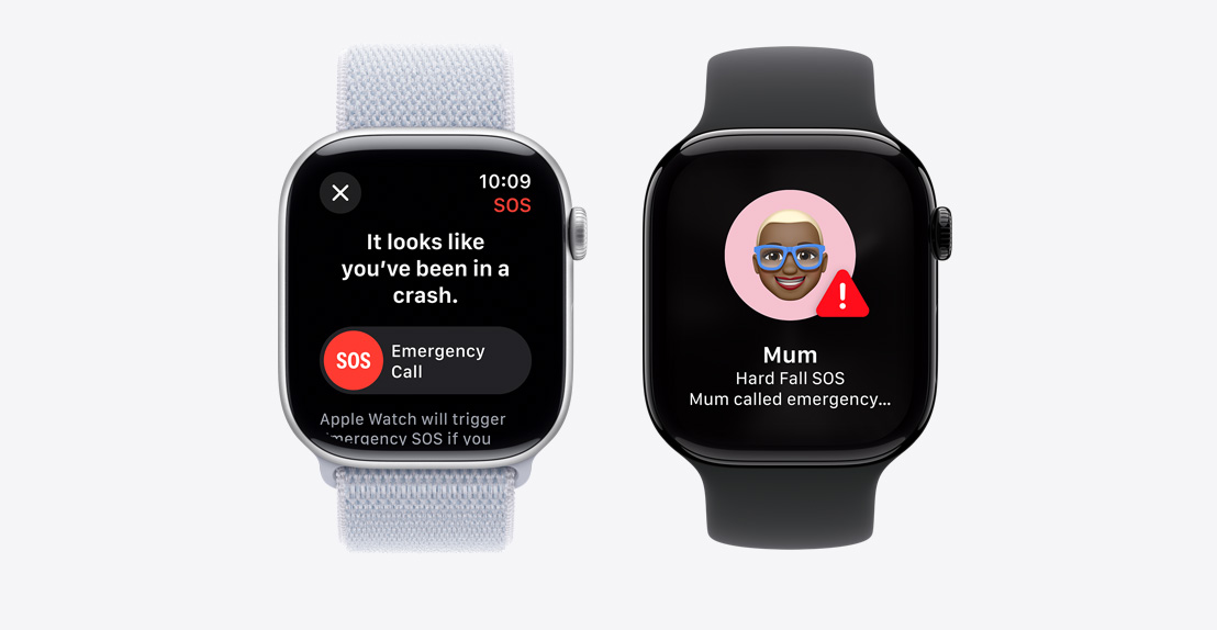 Two Apple Watch Series 9. The first shows a fall detected screen where emergency services are being called. The second shows that "Mum" had a hard fall detected where emergency services were called.