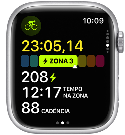 O mostrador do Apple Watch exibe um medidor de potência, que faz parte da visualização de Zonas de Potência