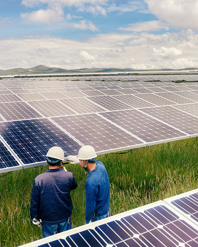 Zwei Personen mit Schutzhelmen arbeiten draußen zwischen Solarpanelen, die von Gras umgeben sind.