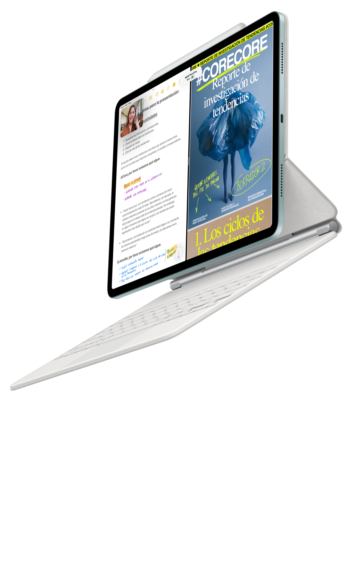 Un iPad Air conectado a un Magic Keyboard y un Apple Pencil Pro