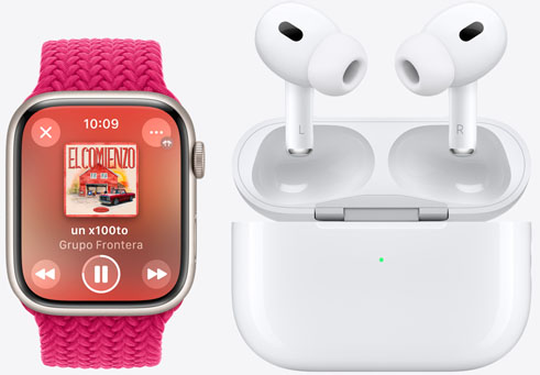 Un Apple Watch Series 9 reproduce una canción junto a unos AirPods Pro.