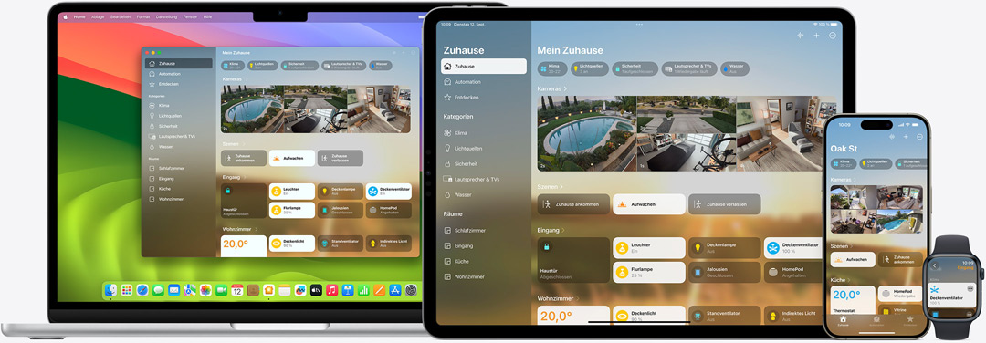 Die Benutzeroberfläche der Home App wird auf dem Mac, iPad, iPhone und der Apple Watch angezeigt.