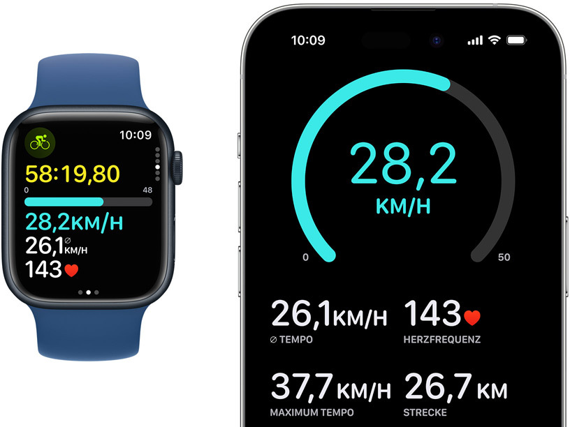 Eine Apple Watch und ein iPhone mit Live-Messwerten von Radfahrtrainings