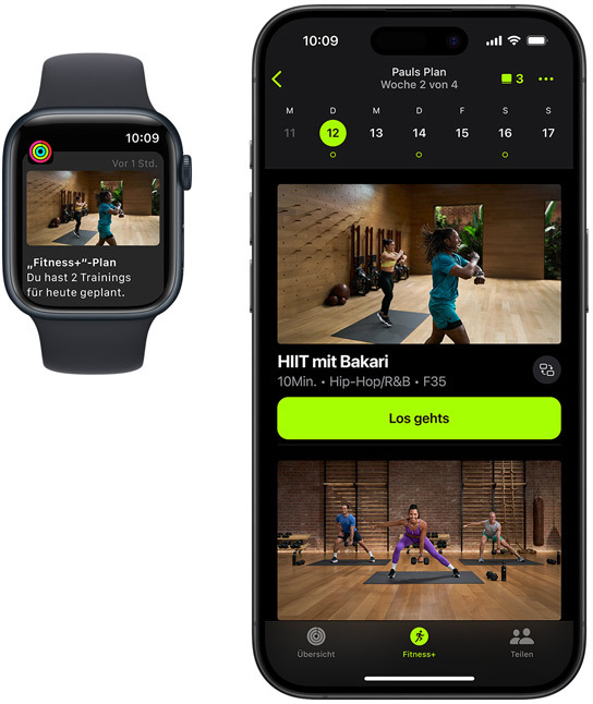 Vorderansicht von einer Apple Watch und einem iPhone. Jedes Gerät zeigt ein Bild von einem eigenen Plan