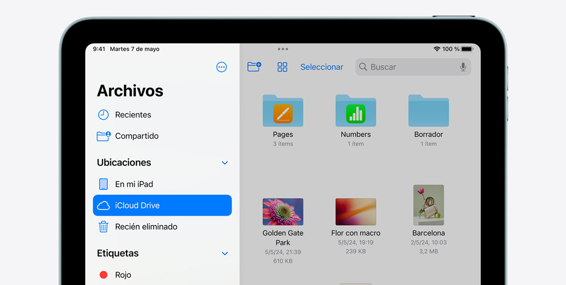 Imagen del iPad Air con la app Archivos.