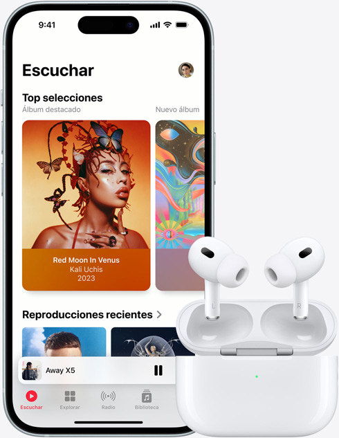 An image of iPhone 15 playing a track through Apple Music, sits next to a pair of AirPods.