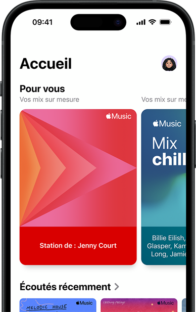 Onglet Accueil d’Apple Music sur iPhone, Catégorie Pour vous montrant les playlists et stations personnalisées de Jenny Court