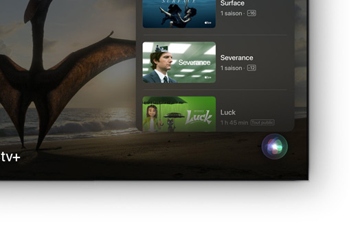Un téléviseur à écran plat affichant une liste de films et de séries Apple TV+