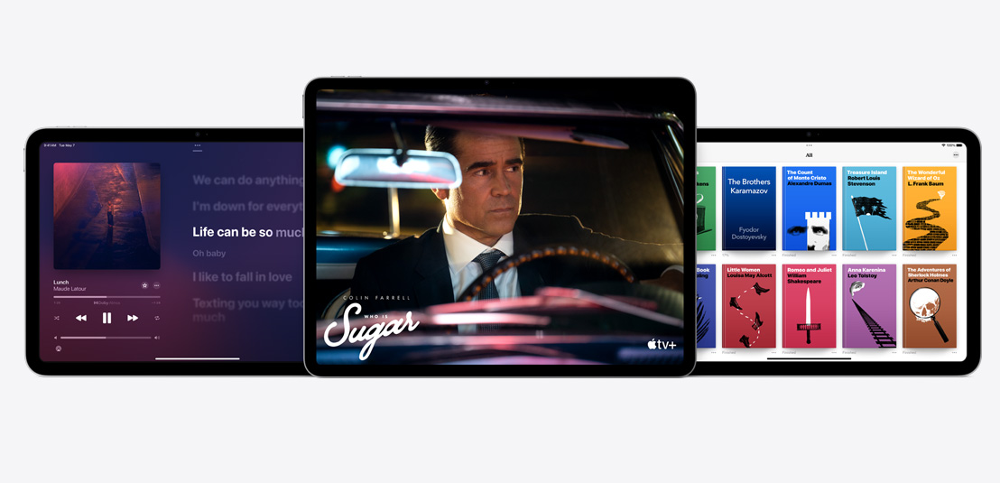 Δύο iPad και ένα iPad Air που δείχνουν τα apps Apple Music, Apple TV+ και Apple Books.