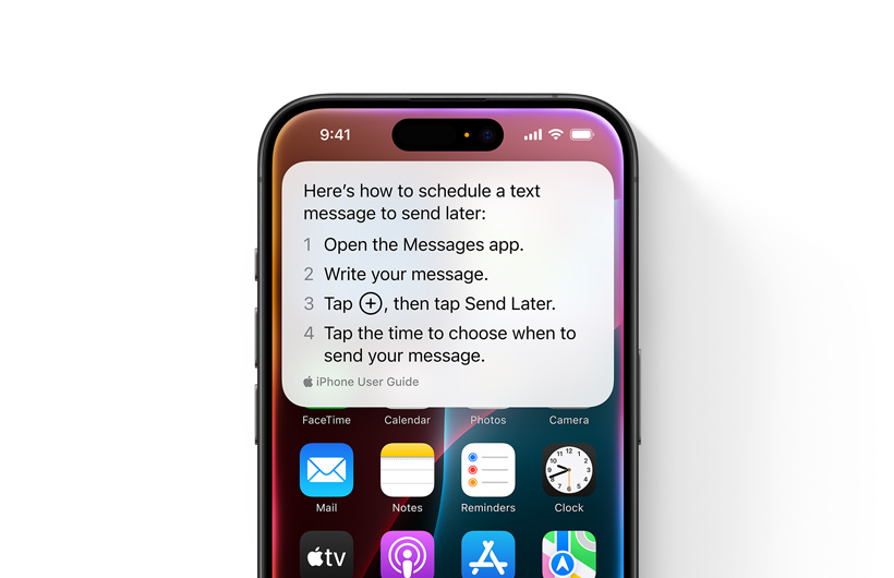 An iPhone is shown with step-by-step guidelines on how to schedule a text message to send later