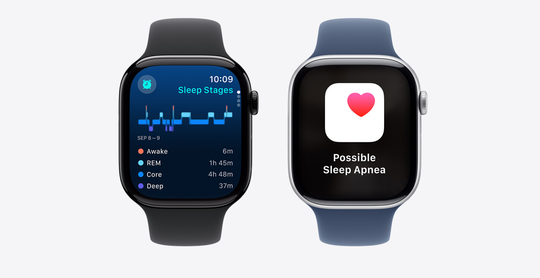 兩隻 Apple Watch Series 9。第一隻錶顯示某人達到睡眠目標的通知。第二隻錶顯示睡眠階段記錄。