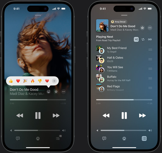 iPhone on left showing Don’t Do Me Good by Madi Diaz and Kacey Musgraves playing on screen with reaction emoji prompt showing options to thumbs up, heart, celebrate, thumbs down or add another reaction; iPhone on right showing Collaborative playlist called Road Trip Playlist with multiple songs added by other contributors