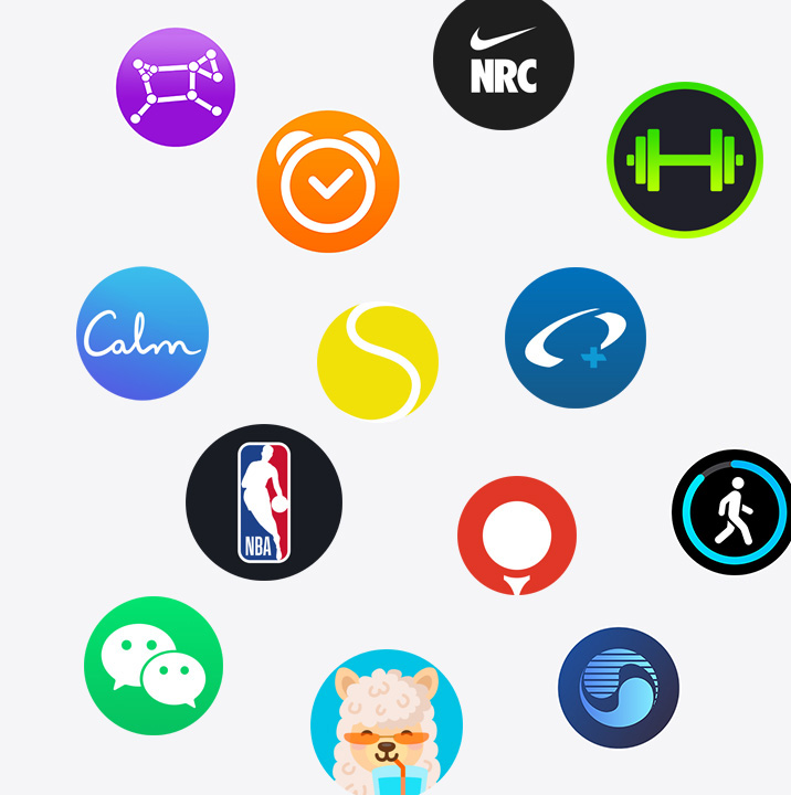 App Store에 있는 다양한 Apple Watch 앱 아이콘. ChargePoint, Yelp, Nike Run Club, SmartGym, Calm, NBA, SwingVision, Oceanic+, WhatsApp, Waterllama, Golfshot, JetBlue, AllTrails