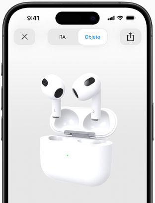 Pantalla de un iPhone que muestra los AirPods (tercera generación) con realidad aumentada.