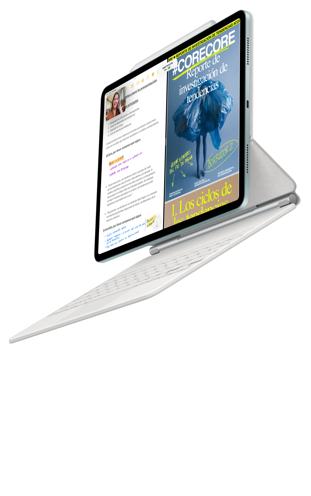 Un iPad Air conectado a un Magic Keyboard y un Apple Pencil Pro