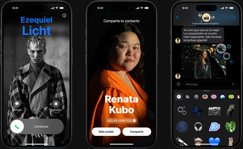Se muestran pantallas de las funcionalidades de iOS 17 que incluyen Póster de Contacto, NameDrop y Live Stickers