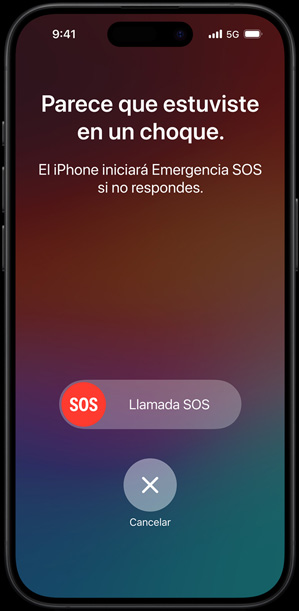 Pantalla de Detección de Choques que dice "Parece que estuviste en un choque. El iPhone iniciará Emergencia SOS si no respondes"