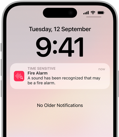 Sound Recognition alert for a Fire Alarm on iPhone.