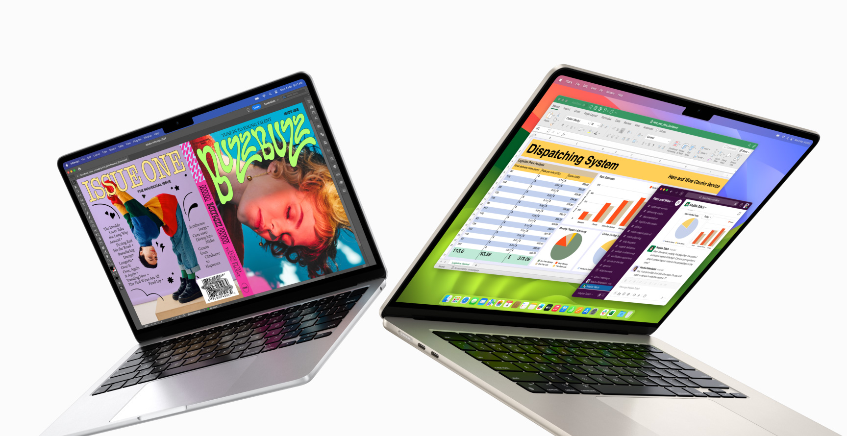 Partially open 13-inch MacBook Air on left and 15-inch MacBook Air on right. 13-inch screen shows colorful ‘zine cover created with In Design. 15-inch screen shows Microsoft Excel and Slack.