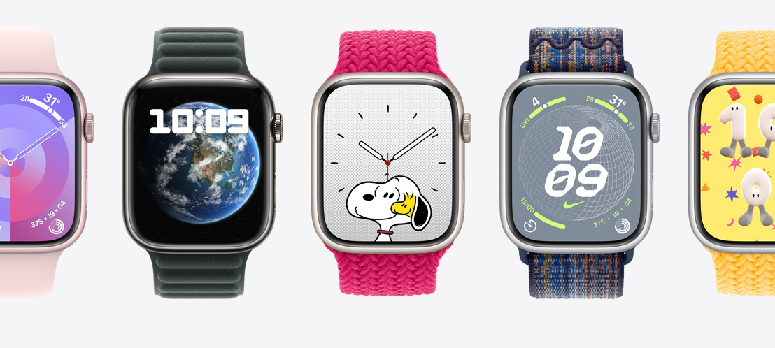 Five Apple Watch Series 9 with different watch faces. A Palette face, a Modular face, a Snoopy face, a Nike Globe face and a Playtime face.