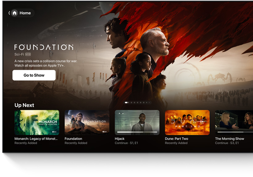 A flat-screen television showing the Apple TV app’s Home Screen UI