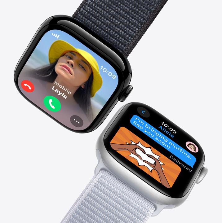 Two Apple Watch Series 9. The first has an incoming call. The second shows a text message conversation.