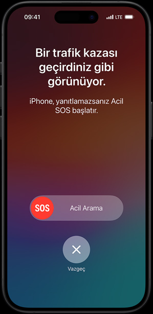 Trafik Kazası Algılama ekranında "Bir trafik kazası geçirdiniz gibi görünüyor. iPhone, yanıtlamazsanız Acil SOS başlatır."