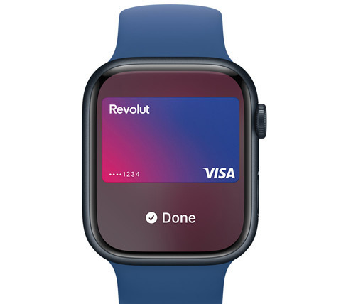 A front view of an Apple Watch. Someone made a payment with Apple Pay.