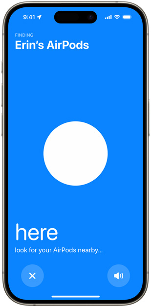 iPhone shows blue screen that appears while locating AirPods using Find My, white dot indicates location of AirPods releative to iPhone.