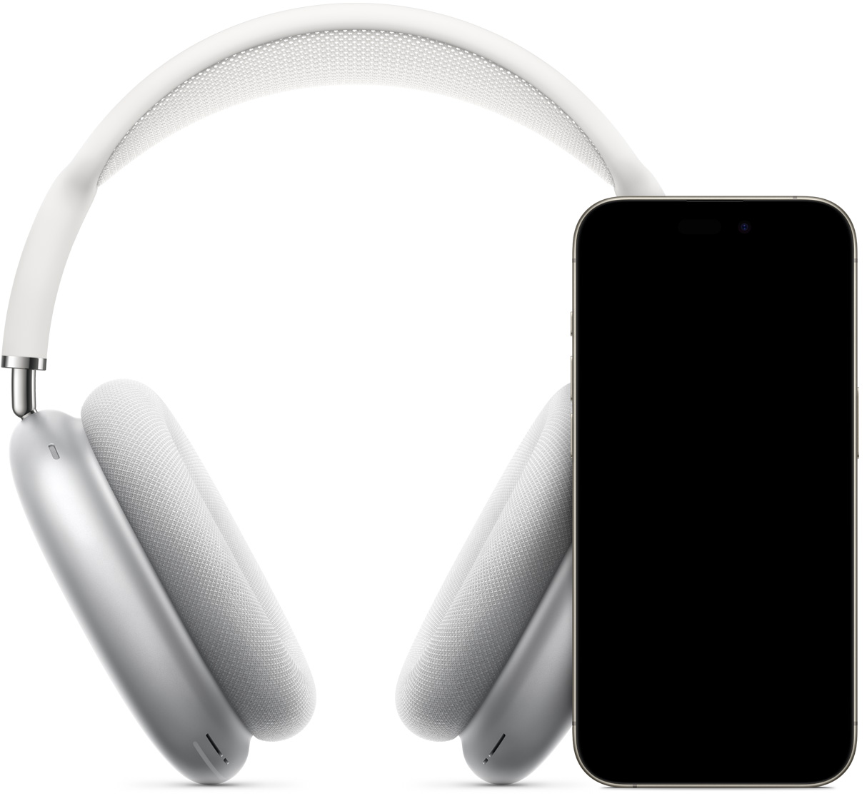 Des AirPods Max en fini argent placés derrière un iPhone affichant l’écran de configuration instantanée, sur lequel on voit le bouton de connexion permettant de jumeler iPhone aux AirPods Max.