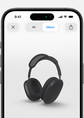 Image shows Space Gray AirPods Max in Augmented Reality screen on iPhone.