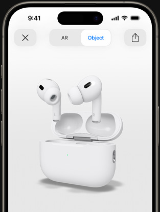 Écran d’iPhone montrant le rendu des AirPods Pro en réalité augmentée.