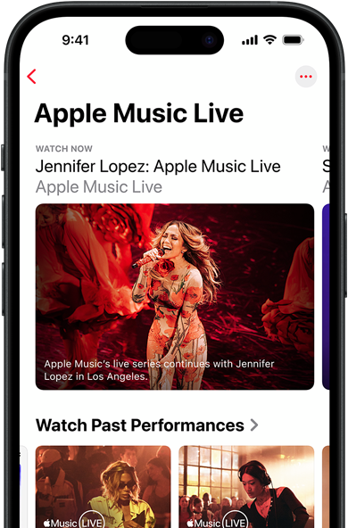 Apple Music Live op een iPhone, met live en eerdere optredens en exclusieve content zoals de 100 beste albums van Apple Music